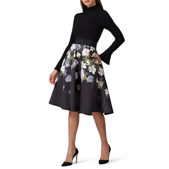 Ted Baker Dresses & Skirts - Ted Baker Black Floral Satin Skirt Knit Bodice Midi Dress Ruffle Neck Long Slv
